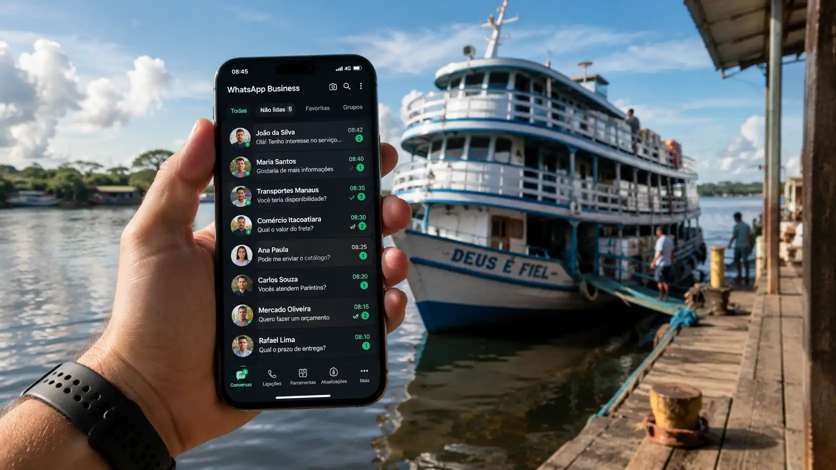 Mão segurando smartphone com mensagens do WhatsApp aberto em um porto do interior do Amazonas com barco regional ao fundo