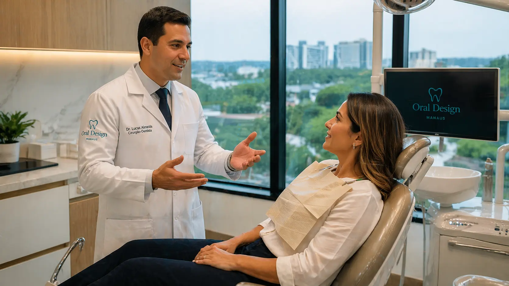 Dentista em atendimento humanizado em clínica odontológica moderna em Manaus.