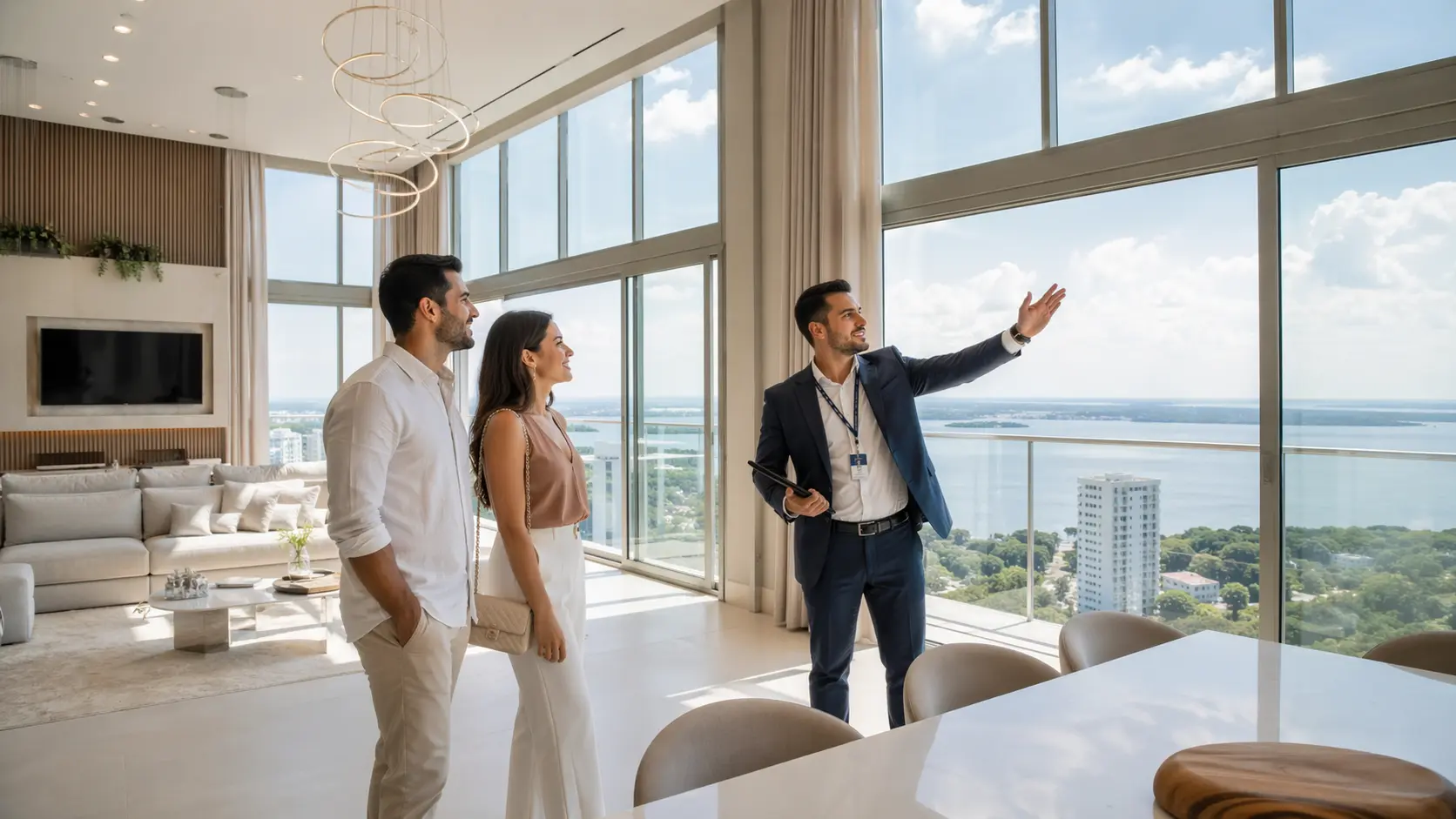 Corretor de imóveis apresentando apartamento de luxo na Ponta Negra, Manaus, representando o mercado imobiliário de alto padrão