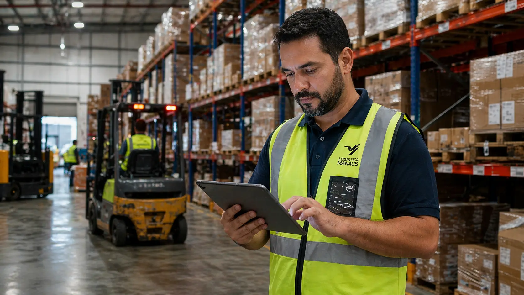 Supervisor de logística realizando gestão de carga em armazém organizado no Distrito Industrial de Manaus.
